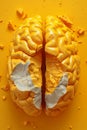 A close up of a broken human brain on yellow background, AI