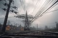 close-up of broken power lines surrounded by stormy clouds