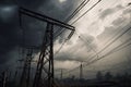 close-up of broken power lines surrounded by stormy clouds