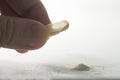 Close up of broken transparent probiotic capsule between the fingers and powder