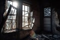 close-up of broken windows in abandoned building, with eerie light shining through