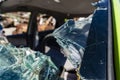 Close-up of the broken windshield of the car. An old abandoned car with a broken windows. Shards of broken glass Royalty Free Stock Photo