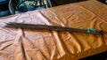 Close up of broomstick on a table. Coconut leaf broomstick rough duster sweeper