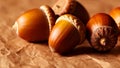Close-Up of Brown Acorns on Crumpled Brown Paper with Textured Background Royalty Free Stock Photo