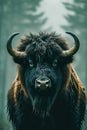 Close up of brown and black bull with large horns. Generative AI Royalty Free Stock Photo