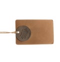 close-up of brown Blank label tied with brown rope from denim clothes on white background. mockup. Royalty Free Stock Photo