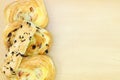 Close up brown bread bakery on wooden table background, Top view