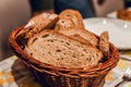 Close up of Brown bread basket on table Royalty Free Stock Photo