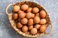 Close-up of a brown chicken egg in a basket on a gray background. Top view,flat lay. Royalty Free Stock Photo