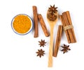 Close up the brown cinnamon stick and powder with star anise spice in wooden spoon isolated on white background Royalty Free Stock Photo