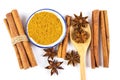 Close up the brown cinnamon stick and powder with star anise spice in wooden spoon isolated on white background Royalty Free Stock Photo