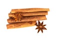 Close up the brown cinnamon stick with star anise spice isolated on white background , overhead and top view Royalty Free Stock Photo