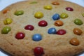 Close up of a cookie with colorful milk chocolate candies