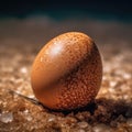 Close up of brown egg on sand. Selective focus.AI generated