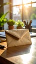 Close-up of a brown envelope on a wooden desk near a window with greenery and sunlight. Royalty Free Stock Photo