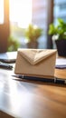 Close-up of a brown envelope on a wooden desk with a pen and sunlight Royalty Free Stock Photo