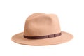 Close up of a brown felt hat isolated on white