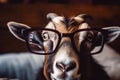 close up of a light brown goat's head with big dark sunglasses, looking at the camera