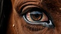 A close up of a brown horse& x27;s eye with red iris, AI Royalty Free Stock Photo