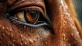 A close up of a brown horse& x27;s eye with water droplets on it, AI Royalty Free Stock Photo