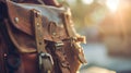 A close up of a brown leather bag with buckles on it, AI