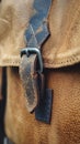A close up of a brown leather bag with metal buckles, AI