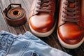 Close up of brown leather men`s boots and blue jeans on dark wooden background Royalty Free Stock Photo