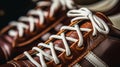 Close up of brown leather and white laces of American Football - generative ai
