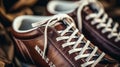 Close up of brown leather and white laces of American Football - generative ai