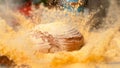 CLOSE UP: Brown loaf of bread falls into a pile of corn flour and scatters it.