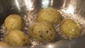 Close up for brown potatoes simmering in boiling water in the saucepan, food and cooking vegetables concept. Action