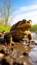 Close-up of a brown toad sitting on muddy ground near water under a blue sky Royalty Free Stock Photo