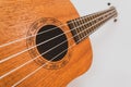 Close up of brown Ukulele on white background. Ukulele strings, saddle, soundhole, ukulele body, neck, fretboard.