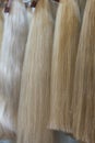 Close up brown, white and another color of hair wigs display in beauty salon. Royalty Free Stock Photo