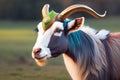 Close up of a brown and white goat with golden horns standing in nature Generative AI Royalty Free Stock Photo