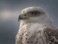 Close up of brown and white hawk in profile with yellow eye on white background