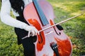 close up of a brunette woman with glasses playing cello at sunset in the park, on a green grass. Royalty Free Stock Photo
