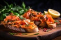 close-up of bruschetta with smoked salmon and herbs