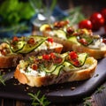 Close up. Bruschetta with tomatoes, herbs and butter on fried garlic cheese bread