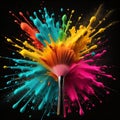A close up of a brush and splashes of colors pain explosion. Made with artificial intelligence (AI)