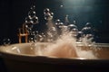 close-up of a bubble bath, overflowing with bubbles and steam