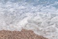 Close up bubbles waves blue sea water on sand beach Royalty Free Stock Photo