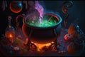 close-up of bubbling cauldron, with magical potion being brewed