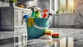 Bucket with Cleaning Products on the Kitchen Floor - Generative Ai