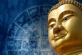 Close-up of buddha face with yantra writeing on background Royalty Free Stock Photo