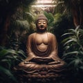 Close up of buddha statue and plants, created using generative ai technology Royalty Free Stock Photo