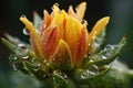 close-up of budding flower, with dew drops on the petals