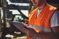 Close up of the builder making notes in his clipboard