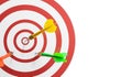 Close-Up of a Bull`s Eye On a Wall with three Darts in the target on a white background. 3d illustration Royalty Free Stock Photo