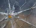 Bullet Hole in Wire Mesh Glass with Ridges